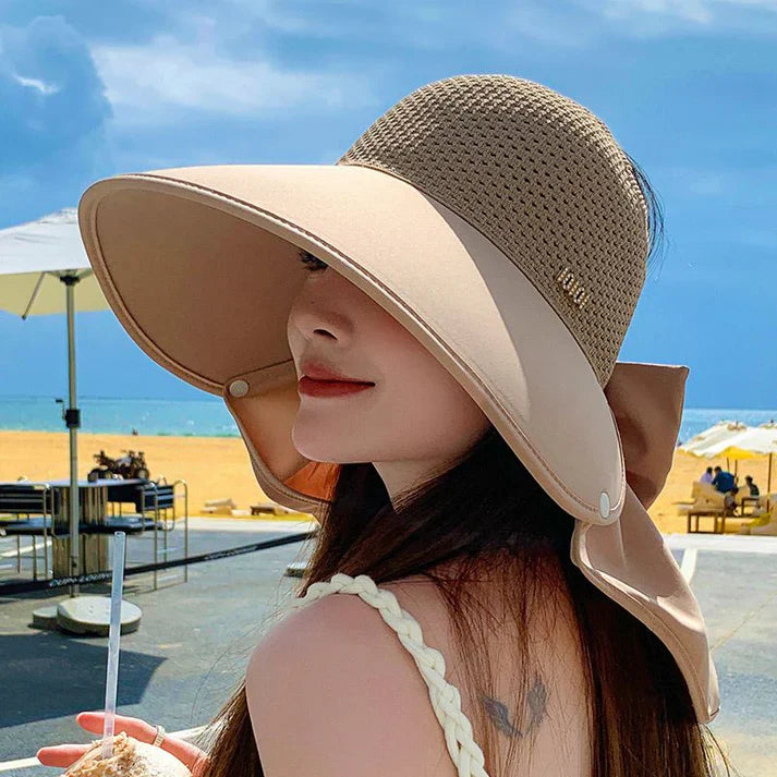 【🔥Hot Sale】👒Large-brim Hollow Sunscreen Hat with Removable Neck Shawl😍
