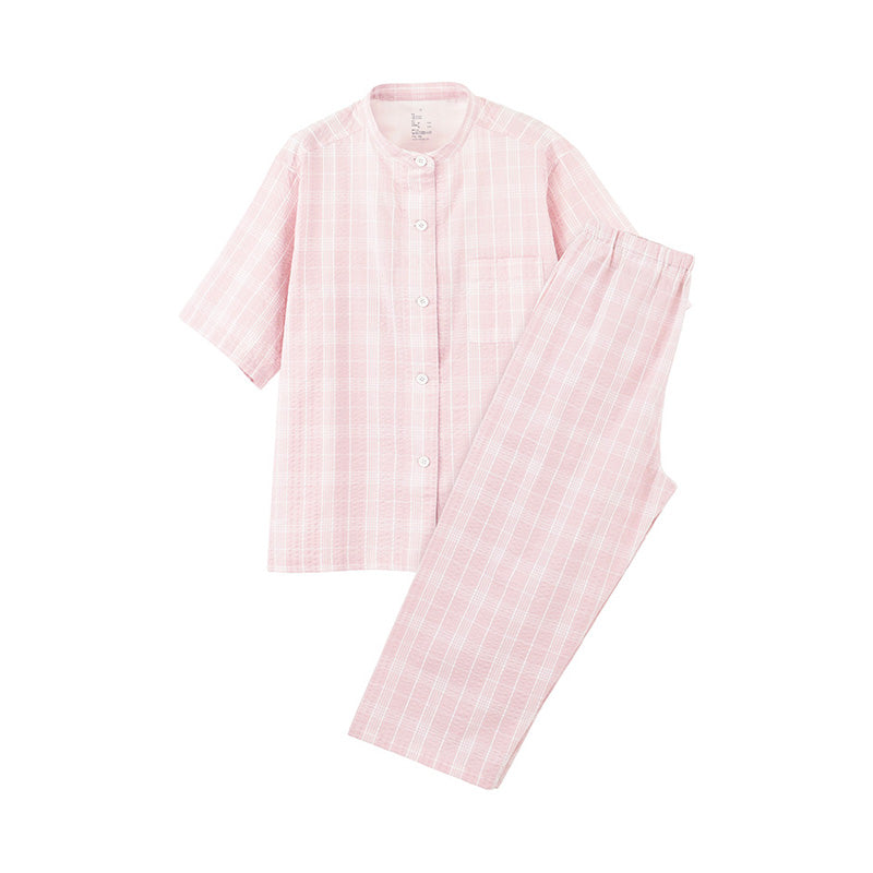 【🔥Hot Sale】100% Cotton Bubble Weave Short-Sleeve Top and Mid-Length Pants Sleepwear Set