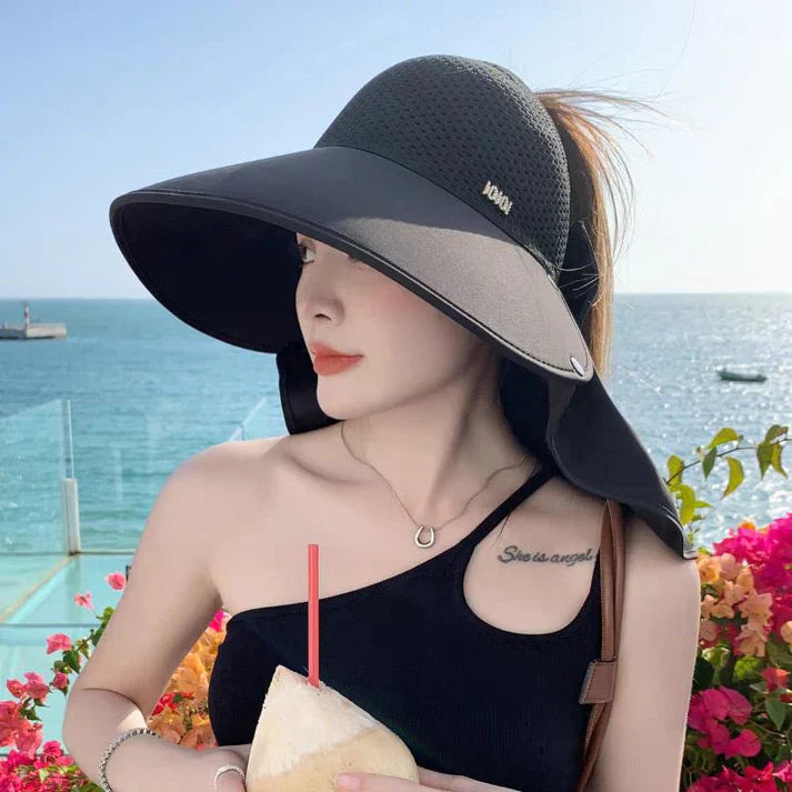 【🔥Hot Sale】👒Large-brim Hollow Sunscreen Hat with Removable Neck Shawl😍