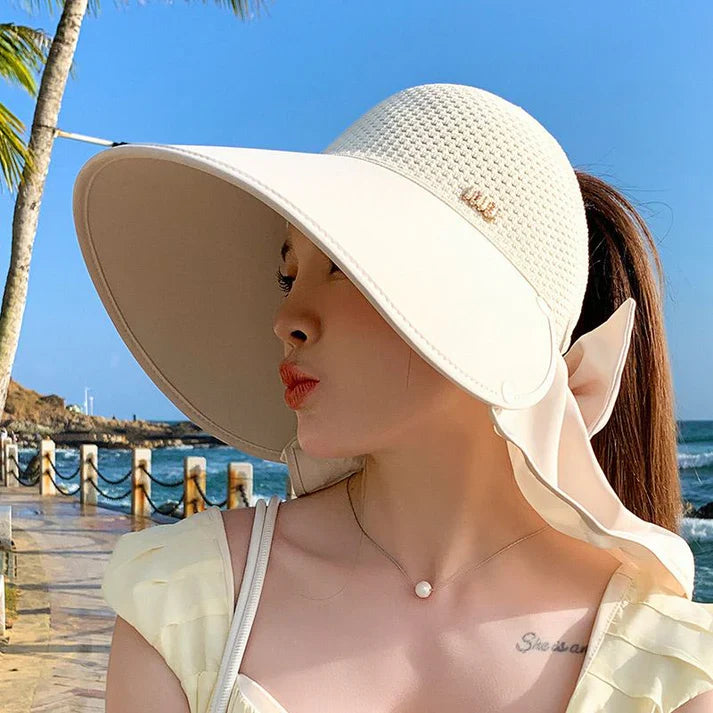 【🔥Hot Sale】👒Large-brim Hollow Sunscreen Hat with Removable Neck Shawl😍
